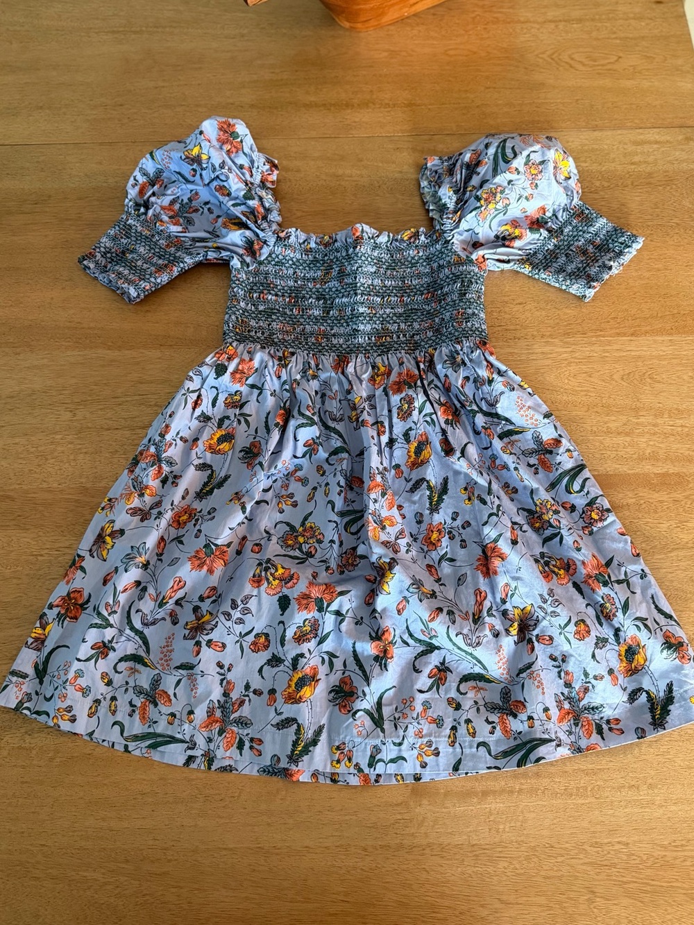 Hill House Home Floral Print Mini Dress Blue Smocked Puff Sleeve Size S